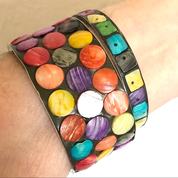 Two Silver Abalone Shell Colorful Inlay Bangle Bracelets - Picture 10 of 16